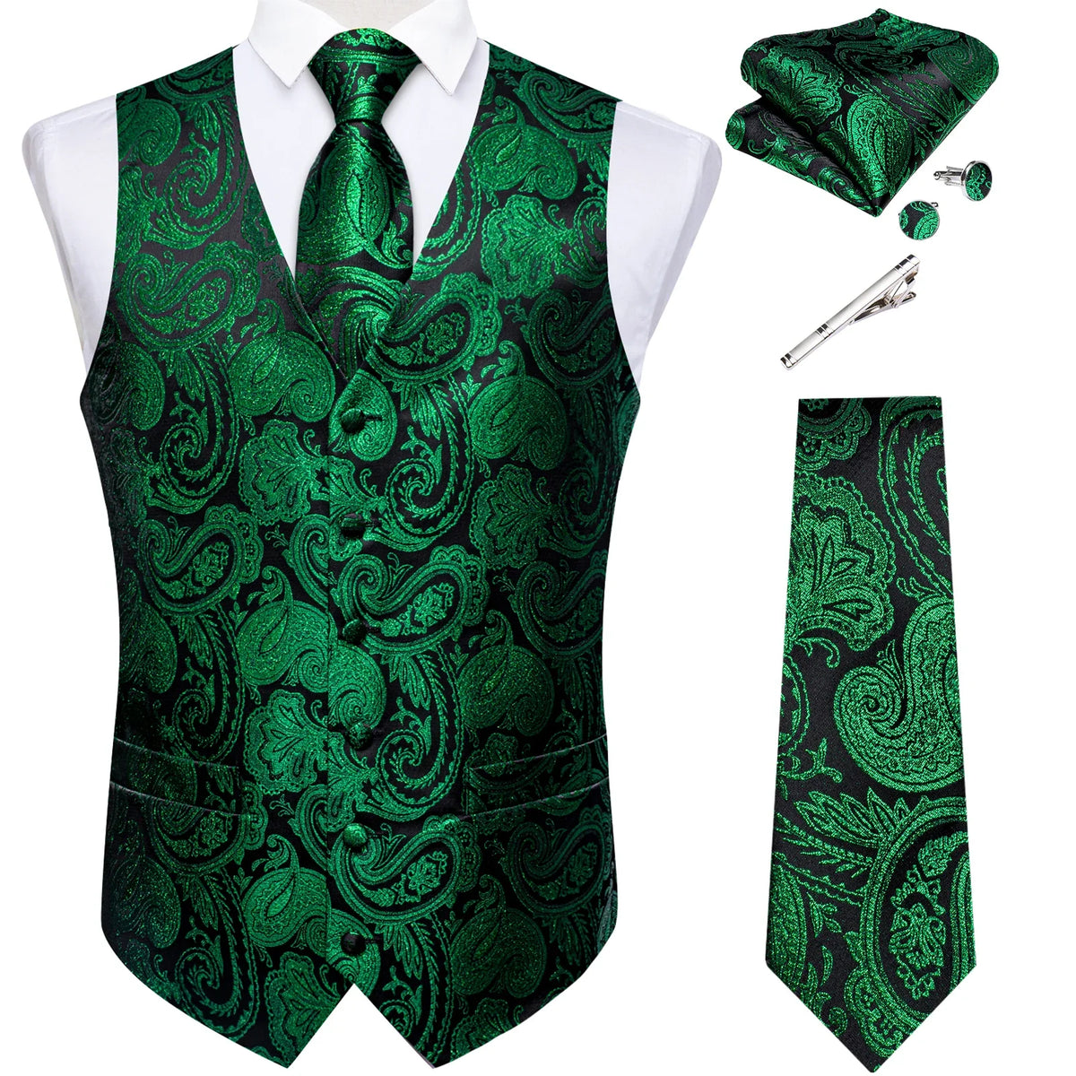 Men's Suit Vest Set with Tie, Handkerchief & Cufflinks for Wedding & Banquet