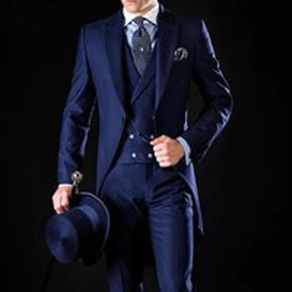 Men's 3-Piece Long-Tail Blazer Tuxedo Smoking Suit for Wedding Party Fashionable Male Jacket Coat Casual Formal Wear