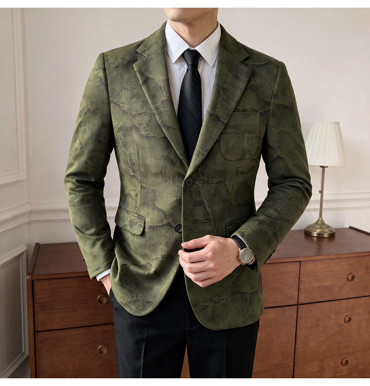Men's Embossed Suede Blazer Smart Casual Single Breasted Jacket for Everyday Wear