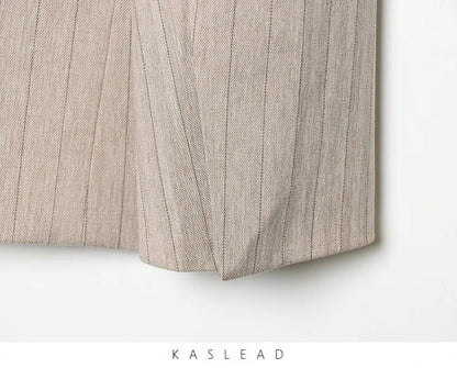Women Khaki Striped Blazer Jacket Y2k 2000s Vintage Suit Coat Long Sleeve Single Breasted Oversize Outerwear Spring Autumn 2025