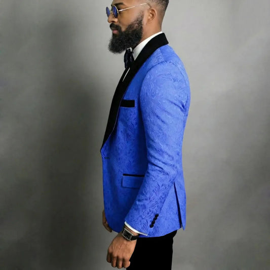 Men Suit Royal Blue 2 Pieces Floral Pattern Black Lapel For Wedding Birthday Banquet Party Business Work Jacket With Black Pants
