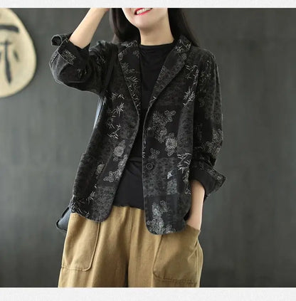 Women's Retro Chinese Style Denim Jacket Bamboo Flower Print Casual Loose Single Breasted Jean Blazer Women Vintage Outerwear