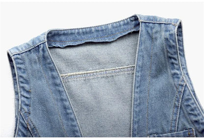Fashion Denim Vest Female Streetwear V Neck Women Vest Summer Large Size Waistcoat Jeans Tops Sleevless Jacket Chaleco Mujer 6XL