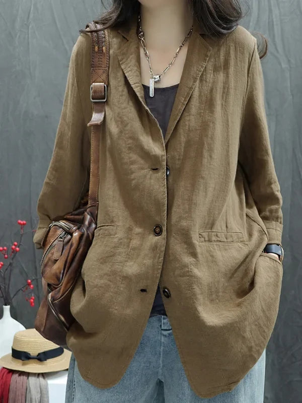 2026 Autumn New Style Women's Casual Pure Color Linen Long Sleeve Retro Fashionable Versatile Suiting Jacket Classic All-Match