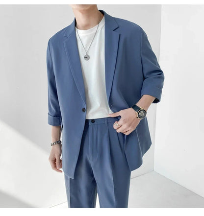 2022 Fashion Summer 2-piece Set Solid Color Single-breasted Casual Simple Student Wear Homme Loose Suits Wear (Blazers + Pants)