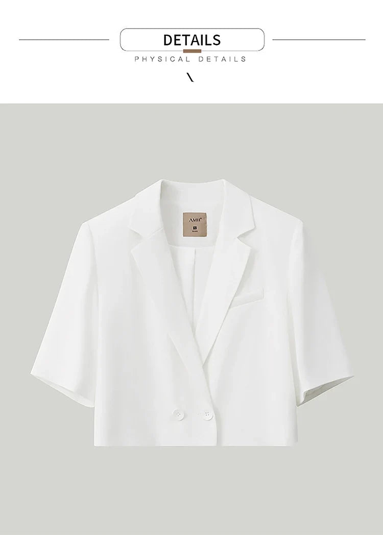 Minimalism Women's Jacket Casual Blazer 2024 Summer Shirts Office Lady Black Business Blazers Short Sleeve Tops 12322062