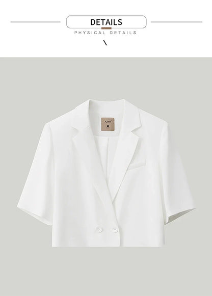 Minimalism Women's Jacket Casual Blazer 2024 Summer Shirts Office Lady Black Business Blazers Short Sleeve Tops 12322062