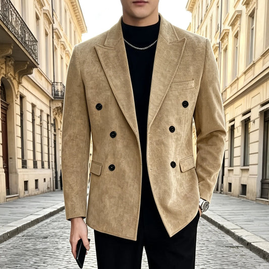 Men's Corduroy Suit Double Breasted Peak Lapel Slim Fit Groom Wedding