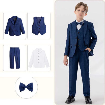 Children Navy Blue Spring 4Piece/Set Jacket Vest Pants Bowtie Piano Dress Kids Ceremony Photograph Suit Boys Performance Costume