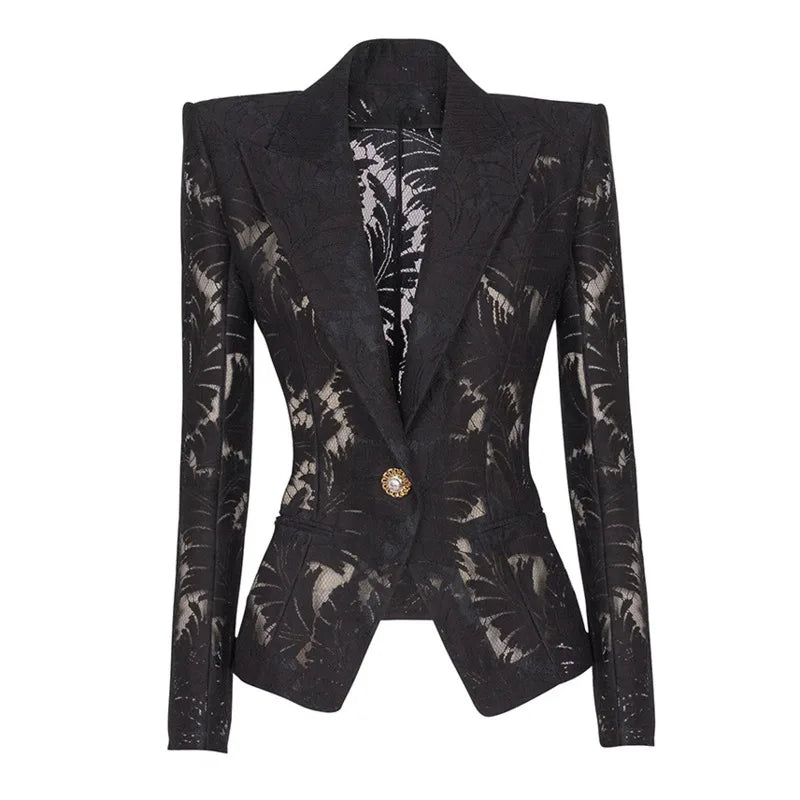 2026 Spring New Women Blazer Sheer Mesh Embroidery Waist Cinching Slim Fit Single Button Elegant Sexy Luxury Jacket HK18562