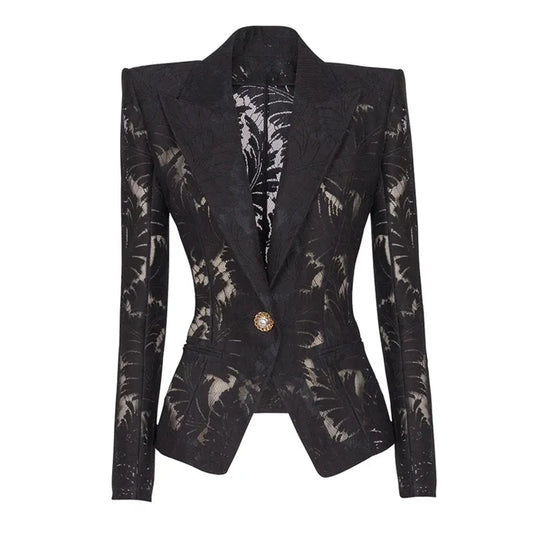 2026 Spring New Women Blazer Sheer Mesh Embroidery Waist Cinching Slim Fit Single Button Elegant Sexy Luxury Jacket HK18562