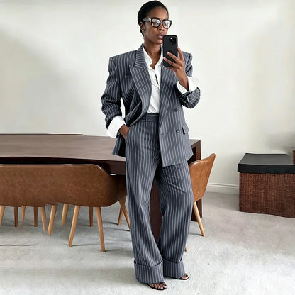 Neutral Gray Pinstripe Oversized Matching Sets Double Breasted Women's Suit Casual Formal 2-Piece(Jacket+Pants) Office Set
