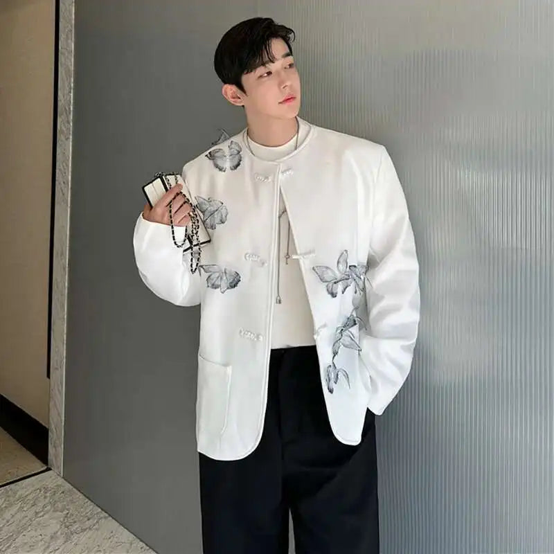 Personality Movable Butterfly Decoration Runway Suit Jackets Handsome Classy Collarless Men's Design Trendy Blazer LZ6063