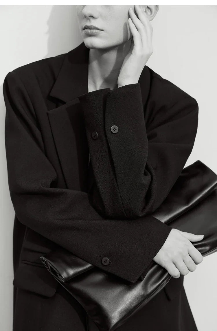 Blazers For Women 2026 Autumn New Black Jacket Notched Double Buckle Loose Mid-length Office Lady Versatile Jackets12453040