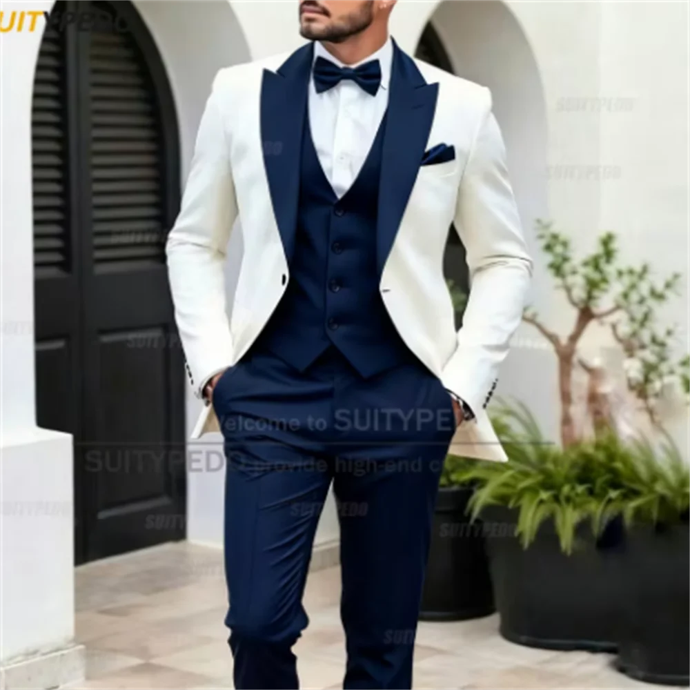 Elegant Men's Suit Set 3 Pieces Blazer Vest Pants Fashion Wedding Birthday Party Groom Homme Costume Formal Peak Lapel Tuxedos