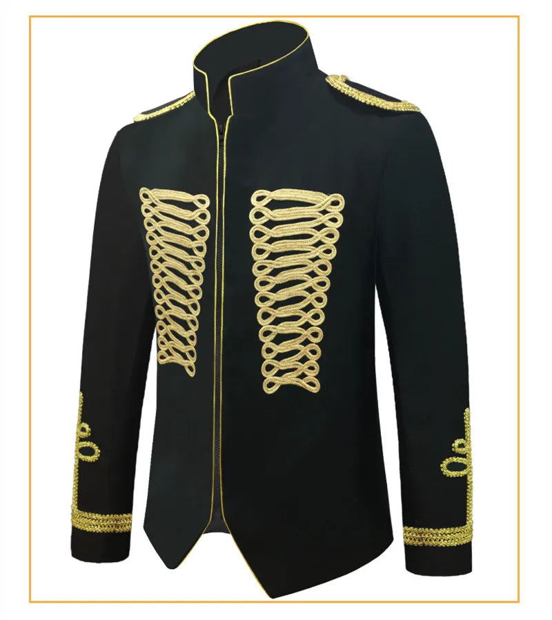 Men's European Style Stand Collar Zipper Blazer Golden Rope Detail Cosplay Middle Ages Tuxedo for Stage Performances And Parties