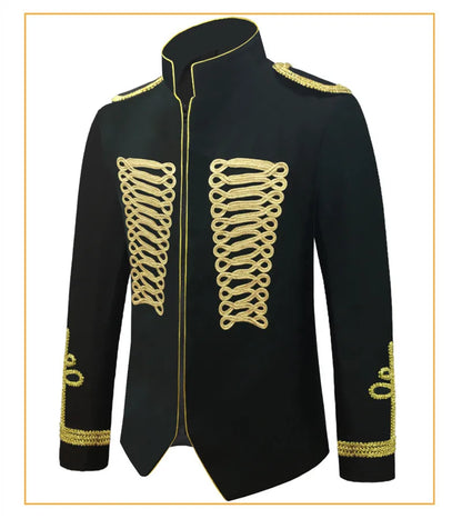 Men's European Style Stand Collar Zipper Blazer Golden Rope Detail Cosplay Middle Ages Tuxedo for Stage Performances And Parties
