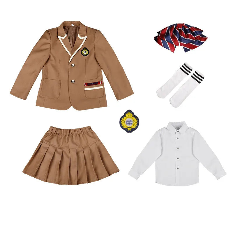 Boys School Uniform Girls Jacket Khaki Skirt Shirt Tie Suits Kids Formal Dress Tuxedo Toddler Clothes Sets Child Student Outfits