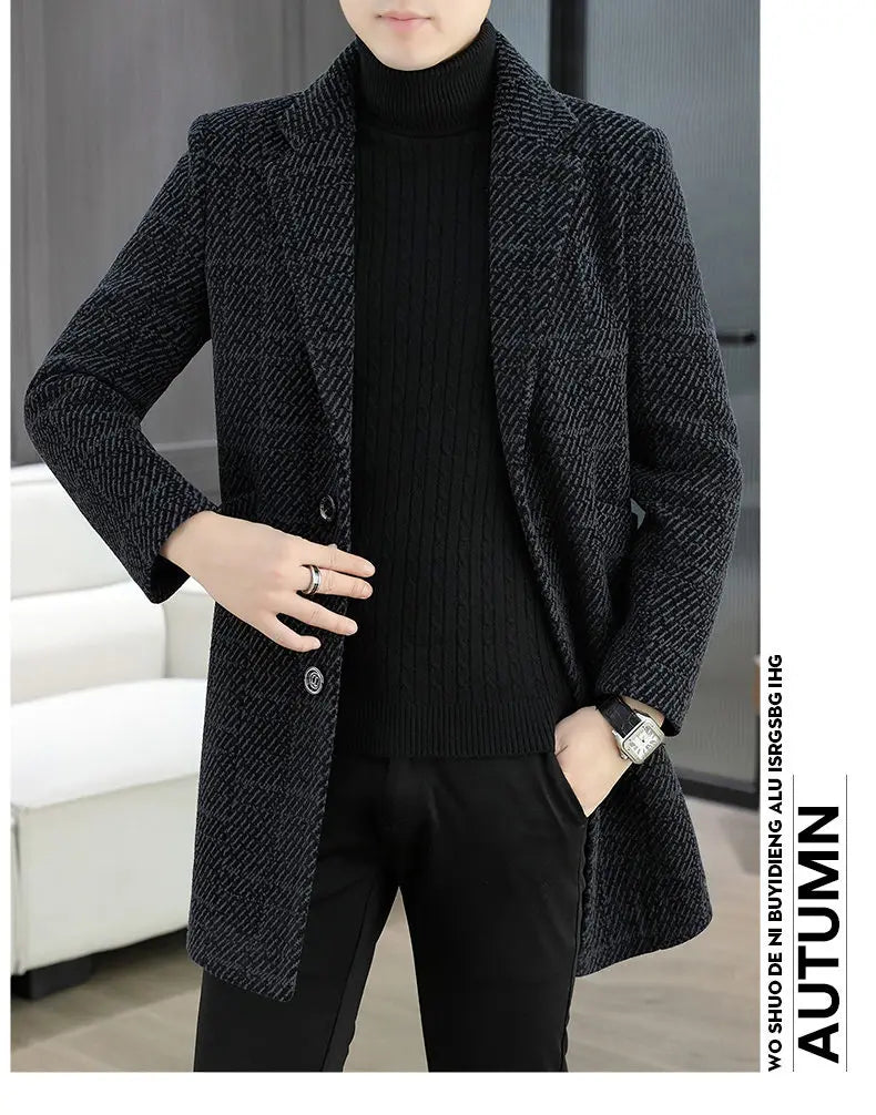 High-quality winter men's fashionable and stylish woolen overcoat, suit collar, mid-length windbreaker, woolen coat