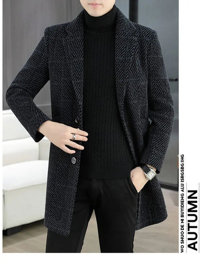 High-quality winter men's fashionable and stylish woolen overcoat, suit collar, mid-length windbreaker, woolen coat