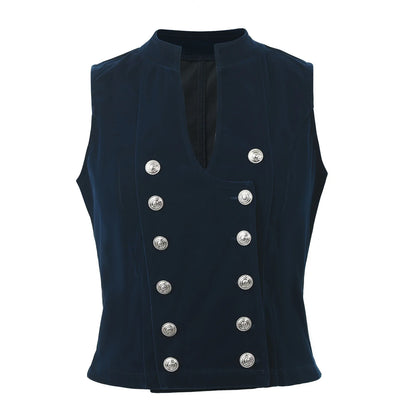 Women's Vest Jacket Elegant V Neck Double Breasted Top Sleeveless Slim Vintage Outerwear Coats
