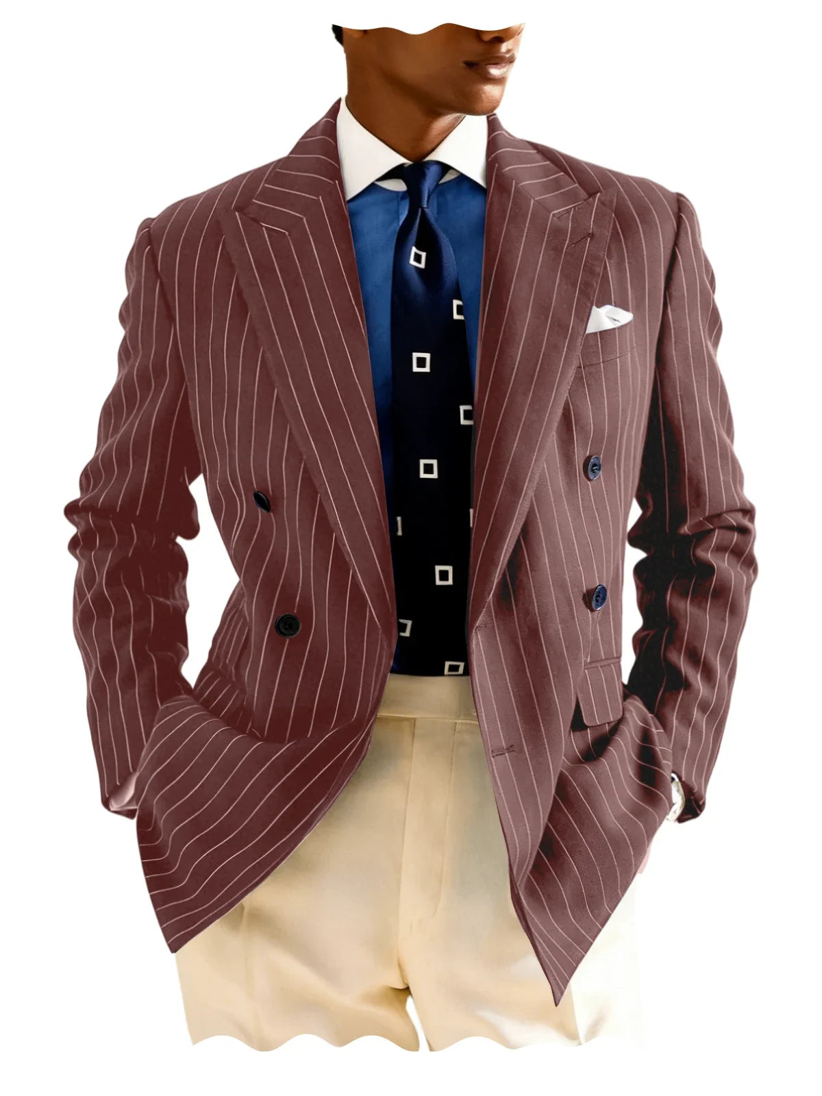 Men's Pinstripe Double Breasted Blazer Classic Peak Lapel Slim Fit Striped Suit Jacket For Party Prom Business Formal Coats