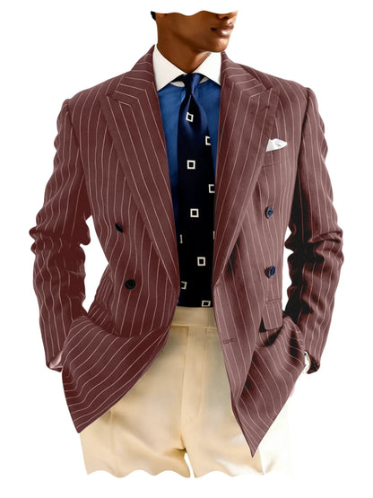 Men's Pinstripe Double Breasted Blazer Classic Peak Lapel Slim Fit Striped Suit Jacket For Party Prom Business Formal Coats