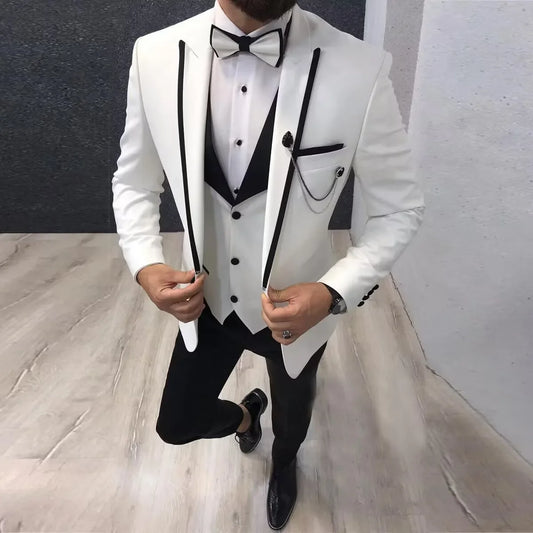 White Men's 3 Pieces Suit Peak Lapel Single Breasted Jacket Vest Pants Wedding Groom Tuxedos Slim Fit Formal Business Suits