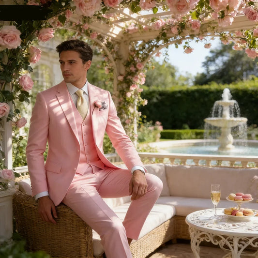Men's 3-Piece Slim Fit Suit – Notch Lapel Formal Wedding & Groomsmen Set in Light Pink