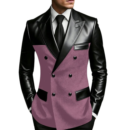 Men's Double Breasted Suit Blazer with Leather Patchwork for Weddings and Formal Events