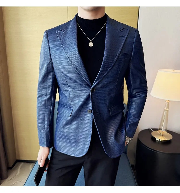 Korean Waffle Leather Suit Jacket Men's Business Casual PU Leather Blazer Slim Fit Wedding Groom Office Social Formal Coats 2026