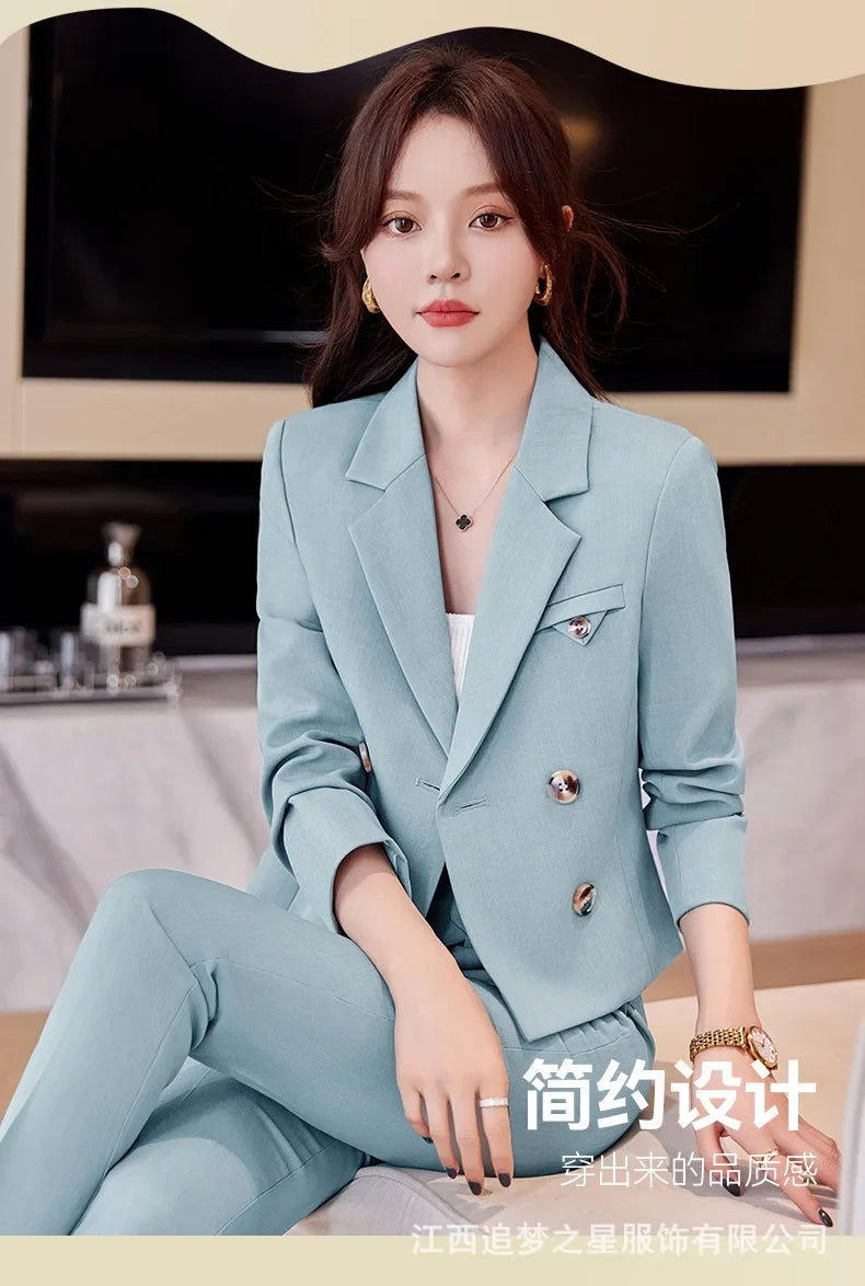 Blue Suit Women 2024 New Spring High End Fashion Temperament Professional Short Blazer And Pants Sets Office Ladies Work Wear