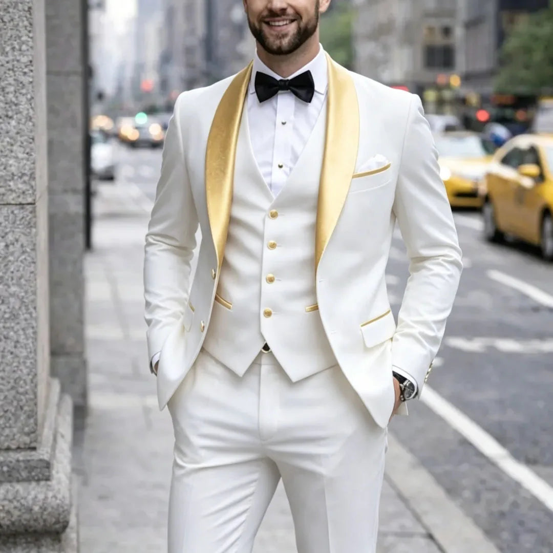 Men Suit Dark Green 3 Piece With Gold Lapel Single Button For Wedding Birthday Banquet Party Business Work Jacket Vest Pants