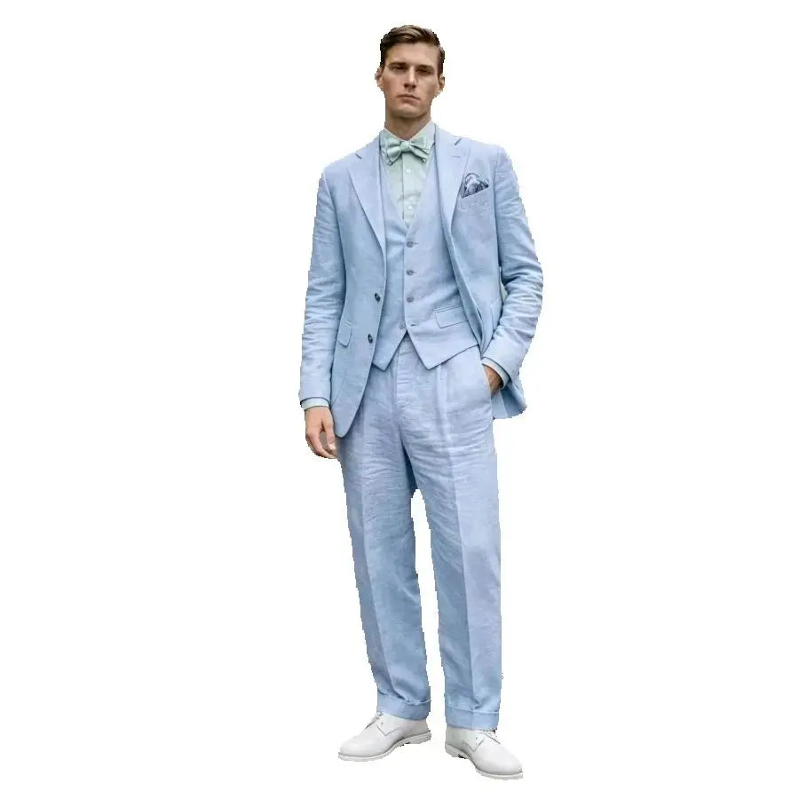 Costume 3 pièces en lin bleu pour homme, coupe ajustée, revers cranté, blazer deux boutons, gilet et pantalon, ensemble d'été décontracté pour le travail ou un mariage