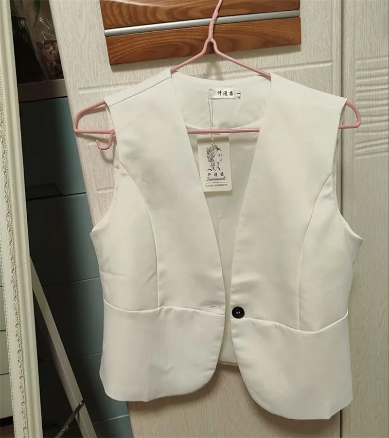 Korean Women Short Blazer Sleeveless Outwear Spring Autumn Female Suit Vest Jacket Ladies V-neck Lined Waistcoat Coat   ﻿