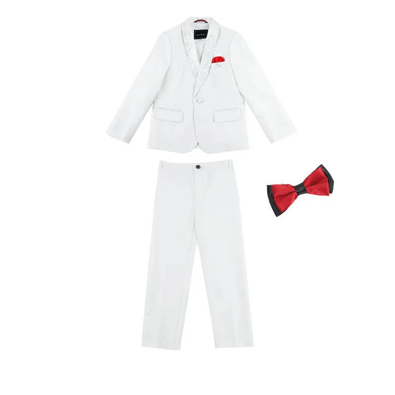 Boys White Jacket Pants Botwtie 3PS Photograph Suit Kids Birthday Evening Party Dress Children Wedding Prom Tuxedo Dance Costume