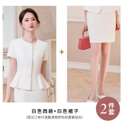 2025Summer Blue Short Sleeve Blazer Suit Professional Women's Skirt Set Short Skirt Elegant Fashion Formal Workwear