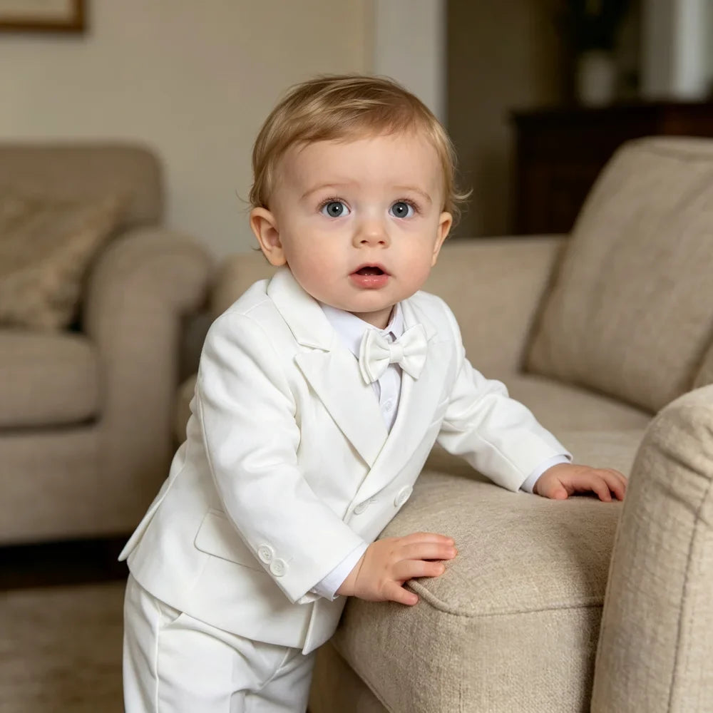 Boys White Wedding Suit Set Kids Formal Double‑Breasted Blazer Bow Tie Pants Outfit Toddler Party Christening Gentleman Costume