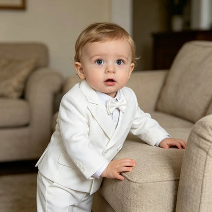 Boys White Wedding Suit Set Kids Formal Double‑Breasted Blazer Bow Tie Pants Outfit Toddler Party Christening Gentleman Costume