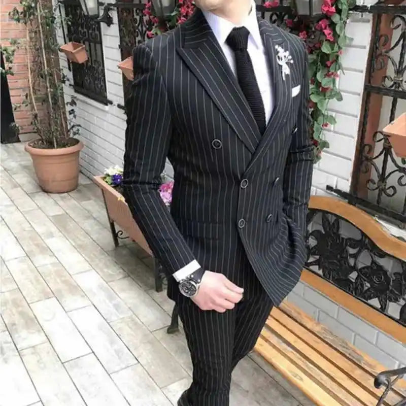 Black Striped Slim Fit Men's Tuxedo 2 Piece Business Set with Peak Lapel Double Breasted Blazer And Pants for Wedding Party Prom