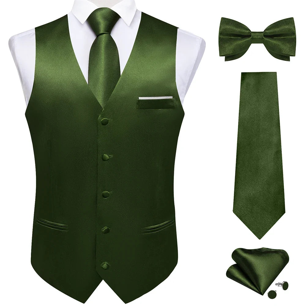 Men's Satin Suit Vest Set with Necktie Bow Tie Handkerchief and Cufflinks for Wedding and Formal Occasions