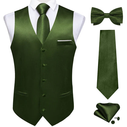 Men's Satin Suit Vest Set with Necktie Bow Tie Handkerchief and Cufflinks for Wedding and Formal Occasions