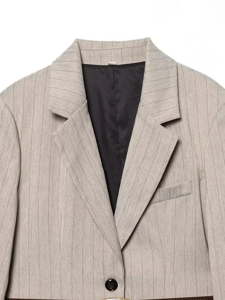Women's Belted Stripe Blazer Jacket Structured Slim Suit Coat  Office Chic Long Sleeve Tailored Waist Belt Jacket Women