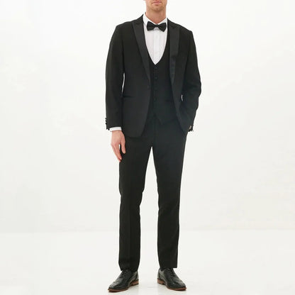 Men Suit Black 3 Pieces Single Button With Bright Lapel For Wedding Groom Party Birthday Banquet Business Work Jacket Vest Pants