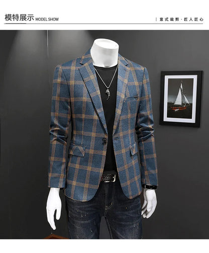 Top Quality Luxury Plaid Business Slim Fit Men Blazer Jacket 2024 Spring Autumn Casual Blazers For Men Elegant Dress Suit Jacket
