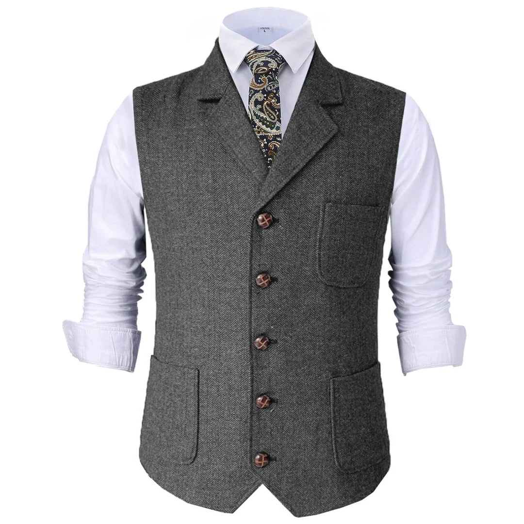 Men Vest Herringbone Lapel Single Breasted Waistcoat for Wedding and Business