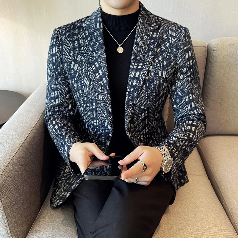 Korean Slim Fit Casual Suit Jacket for Men Fashion Camouflage Business Social Blazers Wedding Streetwear Dress Coat Men Clothing