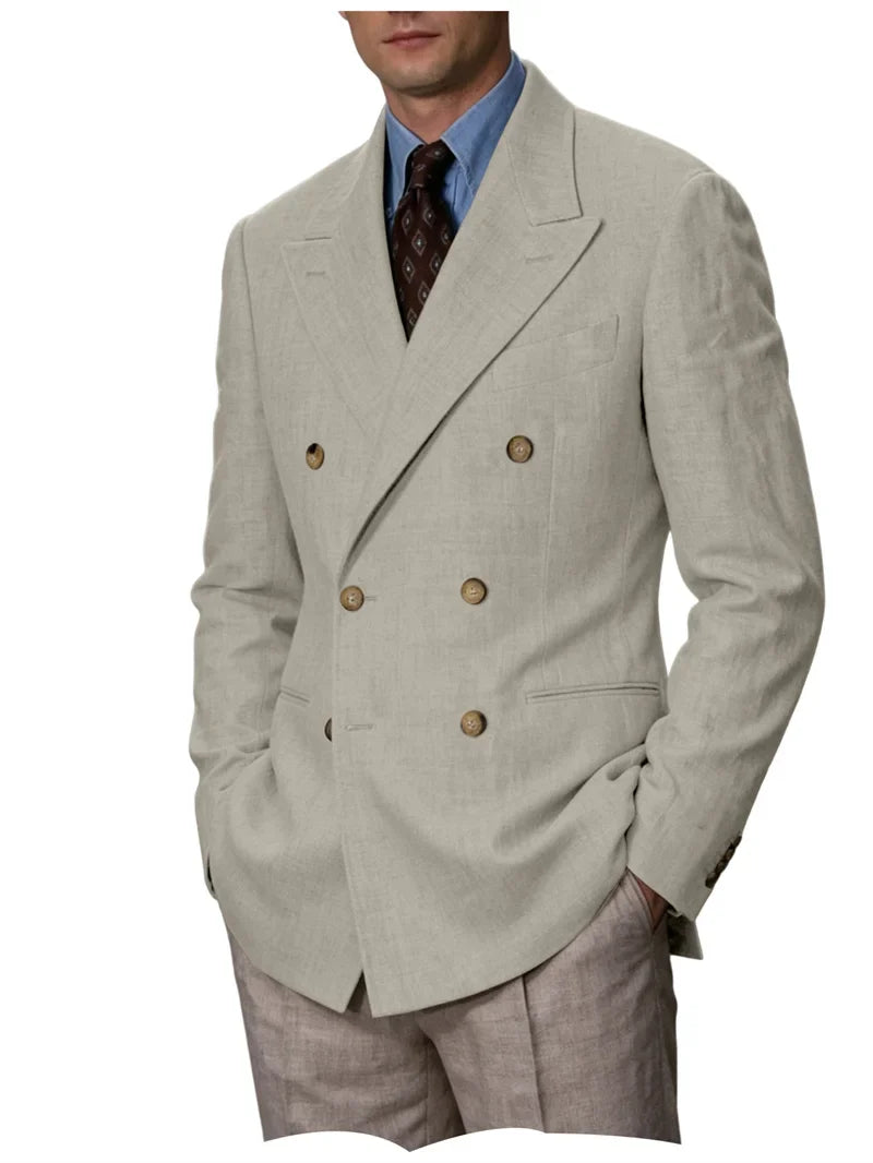 Men Linen Blazer Double Breasted Jacket Lightweight Soft Slim Coat For Business Wedding Casual Daily Party Vacation Dating