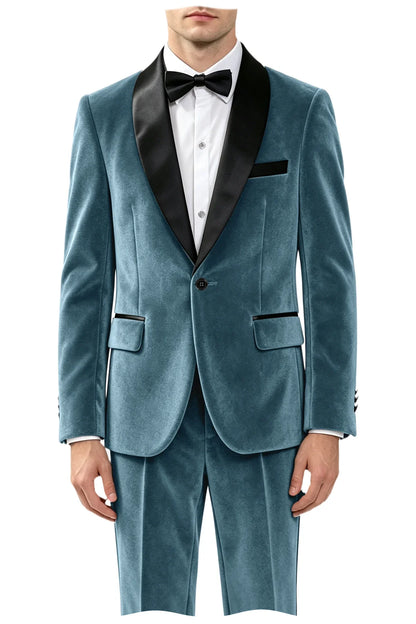 Men's Velvet 2-Piece Tuxedo Suit Satin Shawl Lapel Slim Fit Blazer & Pants for Wedding, Prom & Banquet