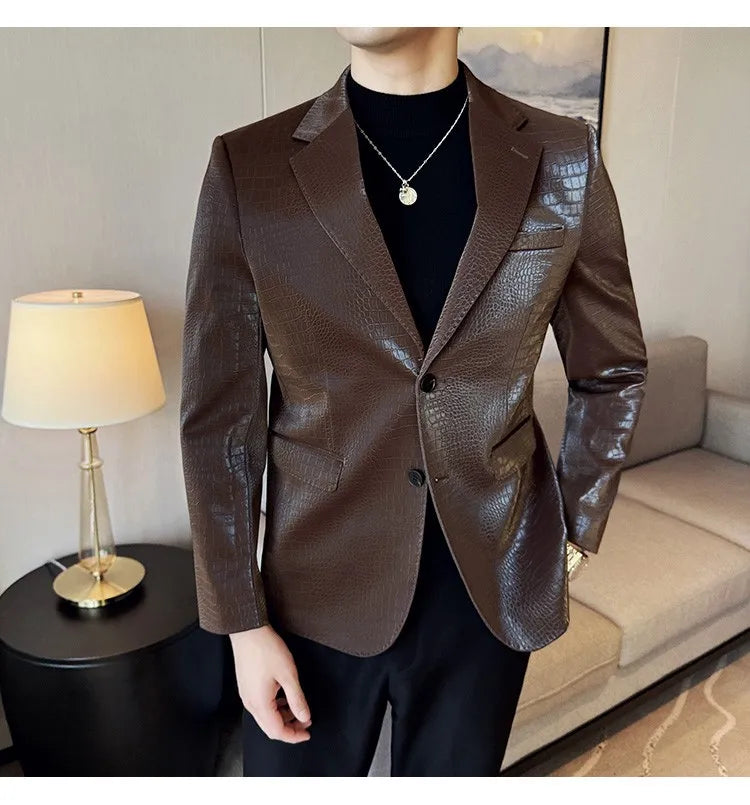 2026 Crocodile Patterned Leather Suit Jacket Men Slim Fit Business Casual Leather Jacket Wedding Groom Party Work Men Blazers
